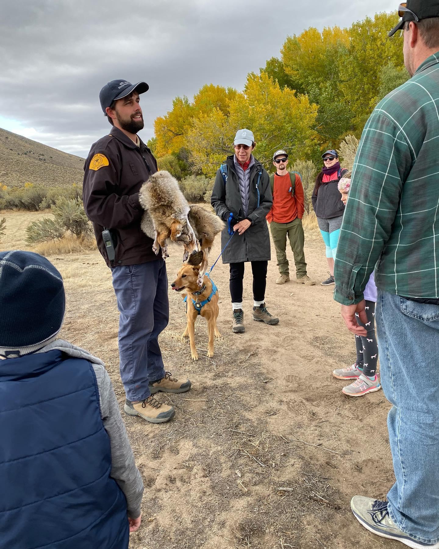 Park Ranger Tyler Kerver showing off a coyote pelt at the 2019 Fall Colors Hike